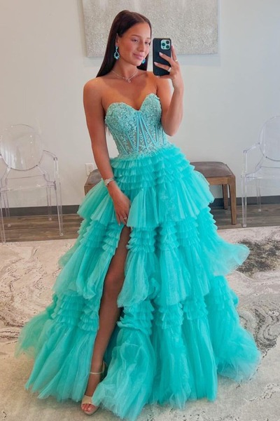 Cute Sweetheart Mint Tulle Tiered A Line Long Prom Dresses with Appliques ,PD231052