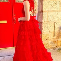 Cute Sweetheart Red Tulle Tiered A Line Long Prom Dresses with Slit  ,PD231054 - Thumbnail 1