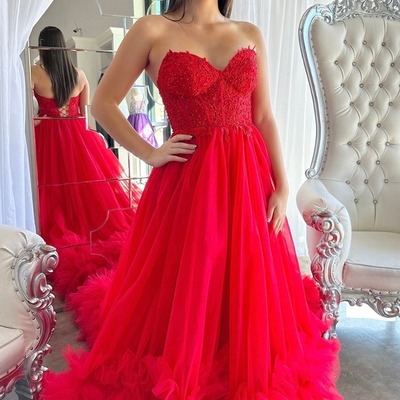 Cute red ball gown gown tulle prom dresses with appliques ,pd231055