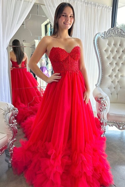 Cute Red Ball Gown Gown Tulle Prom Dresses with Appliques ,PD231055