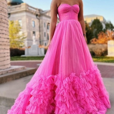 Cute pink a line strapless tulle tiered prom dress ,pd231061