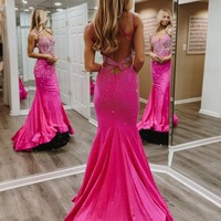 Charming V Neck Fuchsia Satin Long Mermaid Prom Dress with Beading  ,PD231062 - Thumbnail 1