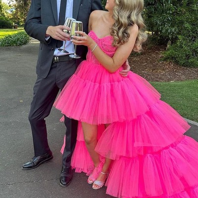 Cute hot pink ball gown high low sweetheart tulle long prom dress,pd231064