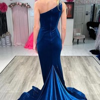 Charming One Shoulder Navy Velvet Long Mermaid Prom Dress with Beading,PD231065 - Thumbnail 1
