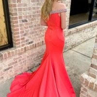 Charming Off the Shoulder Red Satin Long Mermaid Prom Dress with Beading,PD231067 - Thumbnail 1