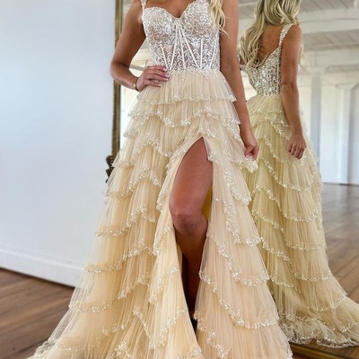 Cute sweetheat champagne tulle cupcake tiered a line prom dress with beading,pd231068