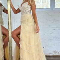 Cute Sweetheat Champagne Tulle Cupcake Tiered A Line Prom Dress with Beading,PD231068 - Thumbnail 1