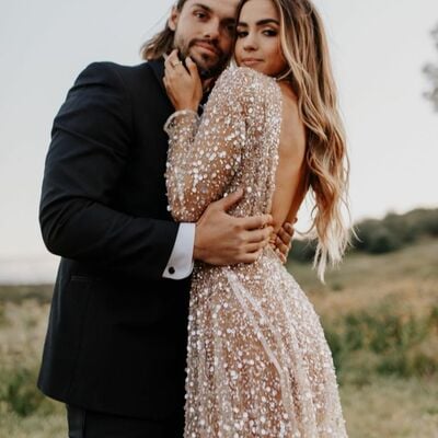 Sexy a-line deep v-neck wedding dress, luxury sparkle bridal dress wedding gown