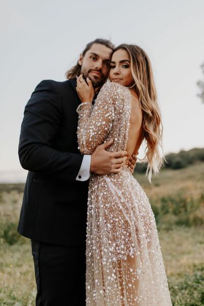 Sexy A-line Deep V-neck Wedding Dress, Luxury Sparkle Bridal Dress Wedding Gown