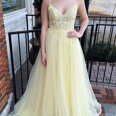 Cute v neck daffodil tulle a line prom dress with appliques,pd231069