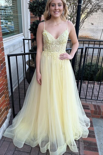 Cute V Neck Daffodil Tulle A Line Prom Dress with Appliques,PD231069