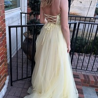 Cute V Neck Daffodil Tulle A Line Prom Dress with Appliques,PD231069 - Thumbnail 1