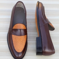 Crafted Leather Classic Men Brown Grain Leather Moccasin Loafers Dress Shoes - Thumbnail 1