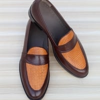 Crafted Leather Classic Men Brown Grain Leather Moccasin Loafers Dress Shoes - Thumbnail 4