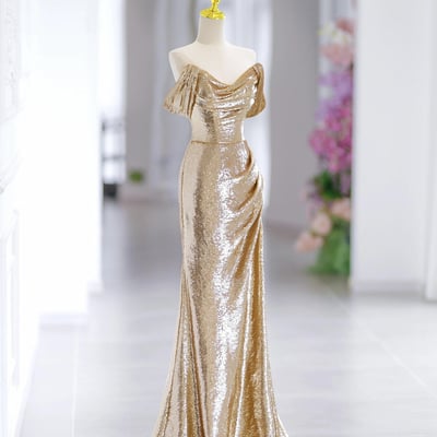 Gold sequins long prom dress, mermaid off the shoulder party dress - Thumbnail 1
