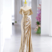 Gold Sequins Long Prom Dress, Mermaid Off the Shoulder Party Dress - Thumbnail 1