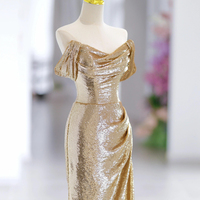 Gold Sequins Long Prom Dress, Mermaid Off the Shoulder Party Dress - Thumbnail 2