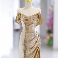 Gold Sequins Long Prom Dress, Mermaid Off the Shoulder Party Dress - Thumbnail 3