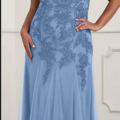 Elegant mother of the bride/groom dress blue lace appliques evening formal prom dress