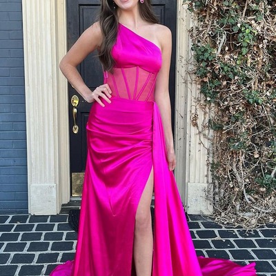 Charming one shoulder pink silk satin long mermaid prom dresses with slit,pd231070