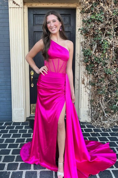 Charming One Shoulder Pink Silk Satin Long Mermaid Prom Dresses with Slit,PD231070