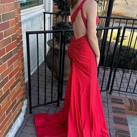 Charming One Shoulder Red Beading Satin Long  Mermaid Prom Dresses with Slit,PD231073 - Thumbnail 1