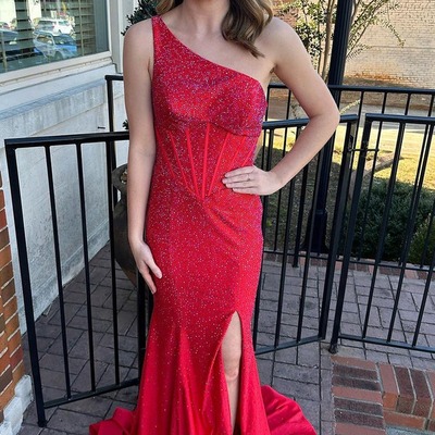 Charming one shoulder red beading satin long  mermaid prom dresses with slit,pd231073