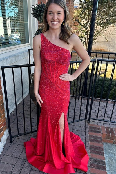 Charming One Shoulder Red Beading Satin Long  Mermaid Prom Dresses with Slit,PD231073