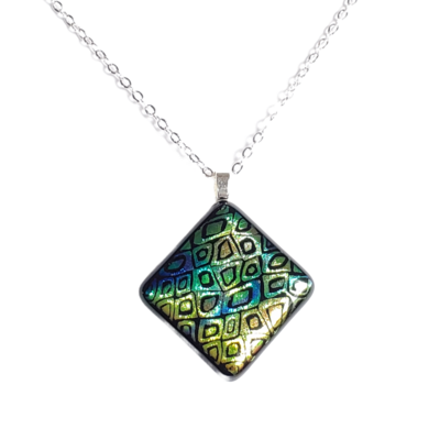 Dichroic yellow and green cells fused glass necklace