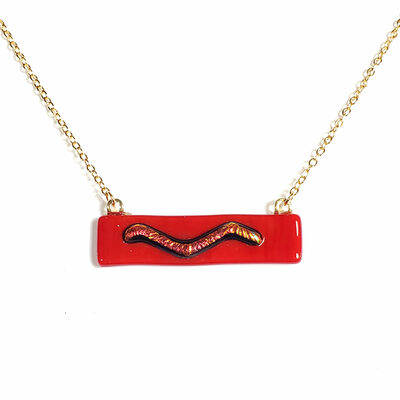 Dichroic wave on red fused glass bar necklace