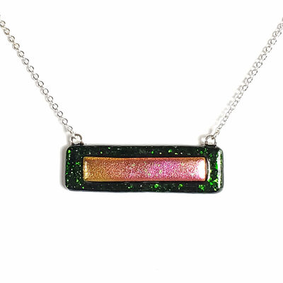 Dichroic pink on sparkle green fused glass bar necklace