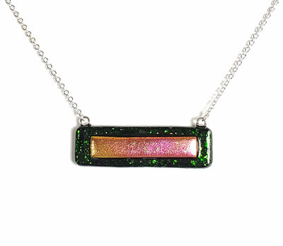 Dichroic Pink on Sparkle Green Fused Glass Bar Necklace