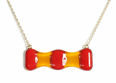 Red on Amber Fused Glass Bar Necklace