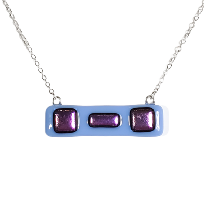 Purple dichroic squares on blue fused glass bar necklace