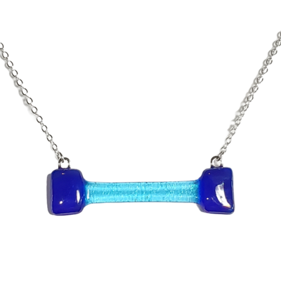 Blue and iridescent green fused glass barbell necklace
