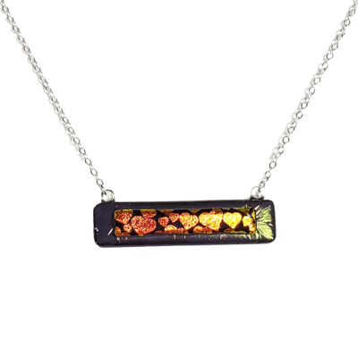 Dichroic hearts on metallic black fused glass bar necklace