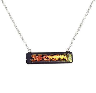 Dichroic Hearts on Metallic Black Fused Glass Bar Necklace