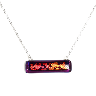 Dichroic hearts on purple fused glass bar necklace