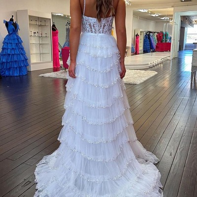 Charming sweetheart white tulle a line long prom dresses with beading ,pd231074