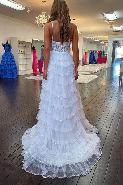 Charming Sweetheart White Tulle A Line Long Prom Dresses with Beading ,PD231074