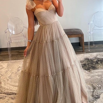 Cute champagne ball gown sweetheart tulle black dot long prom dresses,pd231077