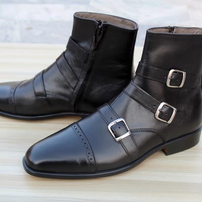 Crafted leather classic men dress shoes black leather triple buckle strap boot - Thumbnail 3