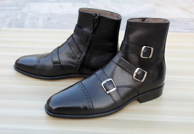 Crafted Leather Classic Men Dress Shoes Black Leather Triple Buckle Strap Boot