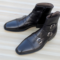 Crafted Leather Classic Men Dress Shoes Black Leather Triple Buckle Strap Boot - Thumbnail 1