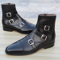 Crafted Leather Classic Men Dress Shoes Black Leather Triple Buckle Strap Boot - Thumbnail 2
