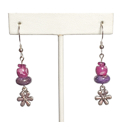 Purple charoite, pink crazy lace agate, amethyst, and flower charm earrings