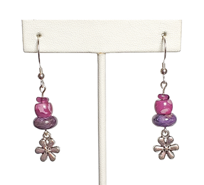 Purple Charoite, Pink Crazy Lace Agate, Amethyst, and Flower Charm Earrings