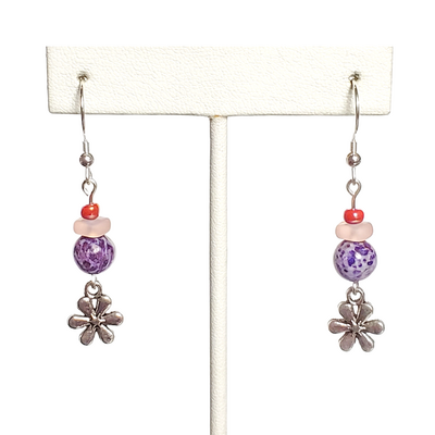 Purple crazy lace agate, pink glass, and flower charm earrings