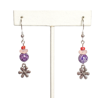 Purple Crazy Lace Agate, Pink Glass, and Flower Charm Earrings