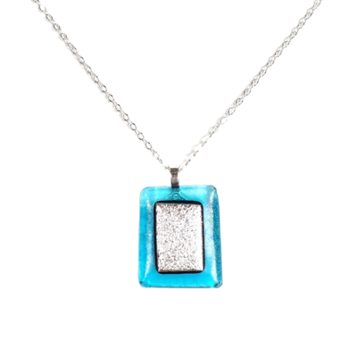 Dichroic silver on transparent blue fused glass necklace